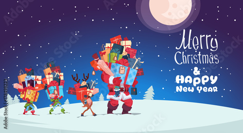 Happy New Year Card With Elves, Reindeer And Santa Carrying Gift Boxes Stacks Over Winter Night Christmas Holiday Presents Concept Vector Illustration