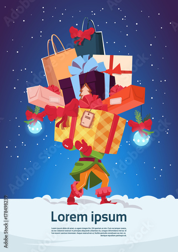 Elf Holding Pile Of Modern Electronics Gadgets On Happy New Year Banner Background Vector Illustration