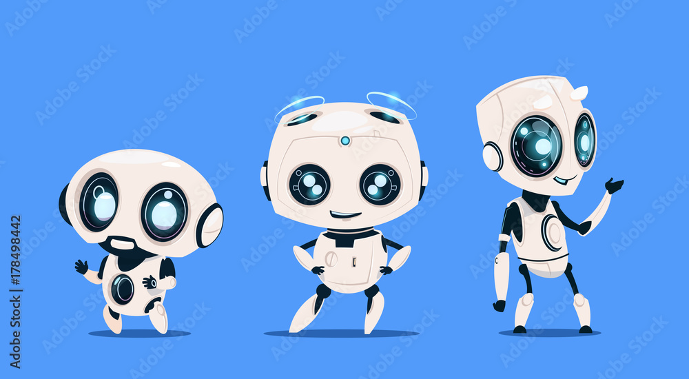 Group Of Modern Robots Isolated On Blue Background Cute Cartoon Character Artificial Intelligence Concept Flat Vector Illustration
