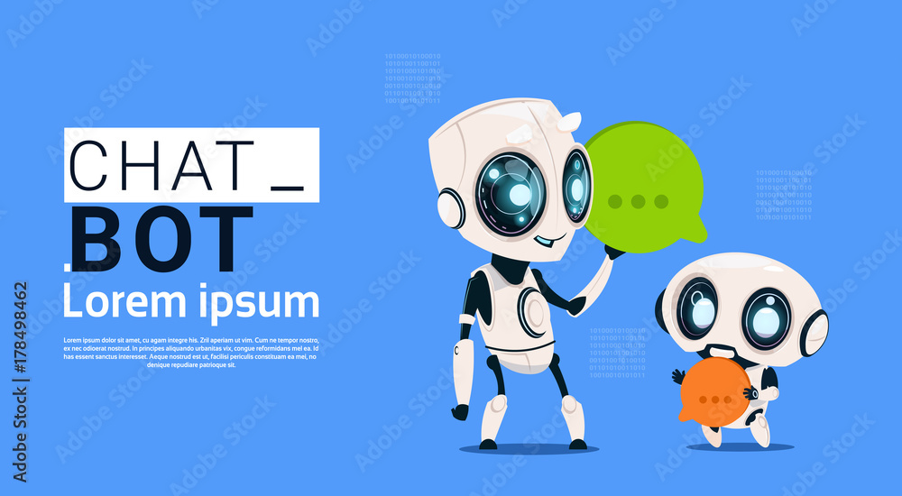 Chat Bot Robots Holding Speech Bubble Banner With Copy Space, Chatter Or Chatterbot Support Service Concept Flat Vector Illustration Chat Bot Robots Holding Speech Bubble Banner With Copy Space, Chatter Or Chatterbot Support Service Concept Flat Vector Illustration
