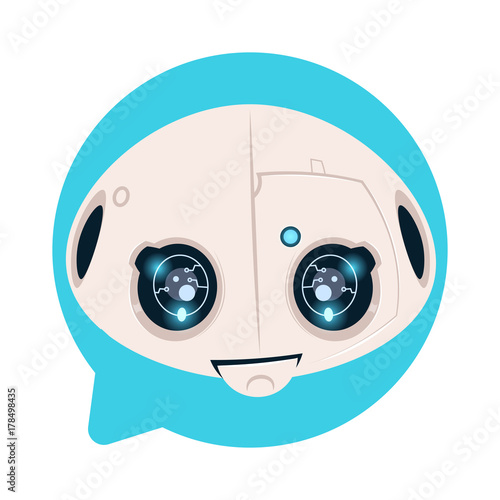 Robot Head Icon In Blue Speech Bubble Support Chat Bot Concept Flat Vector Illustration