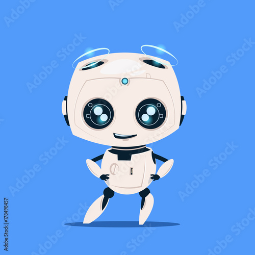 Modern Robot Isolated On Blue Background Cute Cartoon Character Artificial Intelligence Concept Flat Vector Illustration