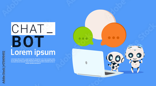 Chat Bot Robots Using Laptop Computer And Hold Speech Bubble Banner With Copy Space, Chatter Or Chatterbot Support Service Concept Flat Vector Illustration