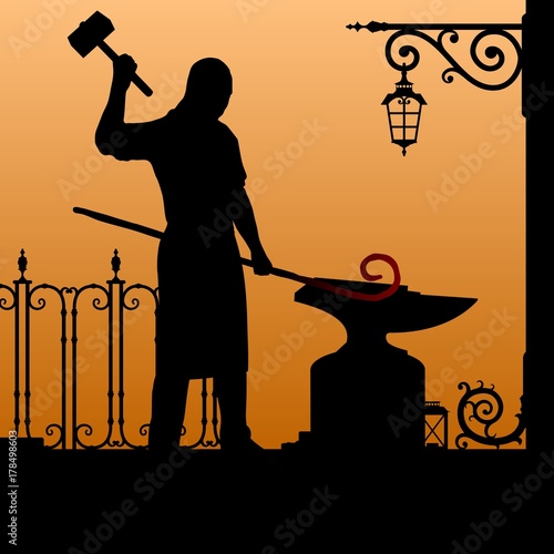 Silhouette of the smith. Blacksmith in the smithy. The smith forges iron.
Vector silhouette of a blacksmith on a sunset background. Vector illustration.

