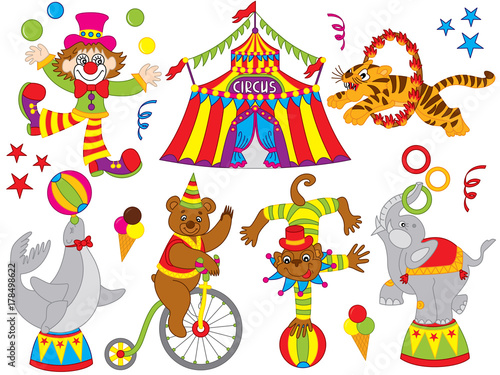 Vector Circus Set with Clown, Big Top and Animals