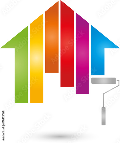 Haus in Farbe und Farbroller, Farbig, Maler, Logo