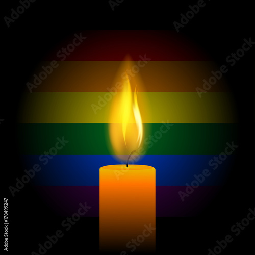 eps 10 vector burning candle isolated on pride flag background. LGBT movement community. Realistic hand drawn wax candle with burning flame. Editable poster, banner, brochure for web, print, design