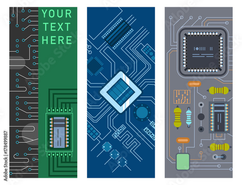 Computer IC chip template microchip brochure circuit board design abstract background vector illustration.