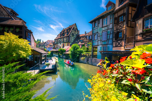 Beautiful view of the historic town of Colmar, also known as Little Venice, with traditional colorful houses on idyllic river Lauch in summer, Colmar, Alsace, France