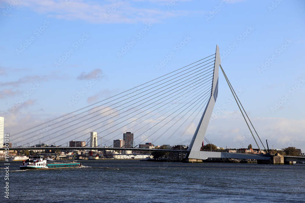 Schifffahrt im Hafen Rotterdam mit Erasmusbrug, Flagge und Panorama