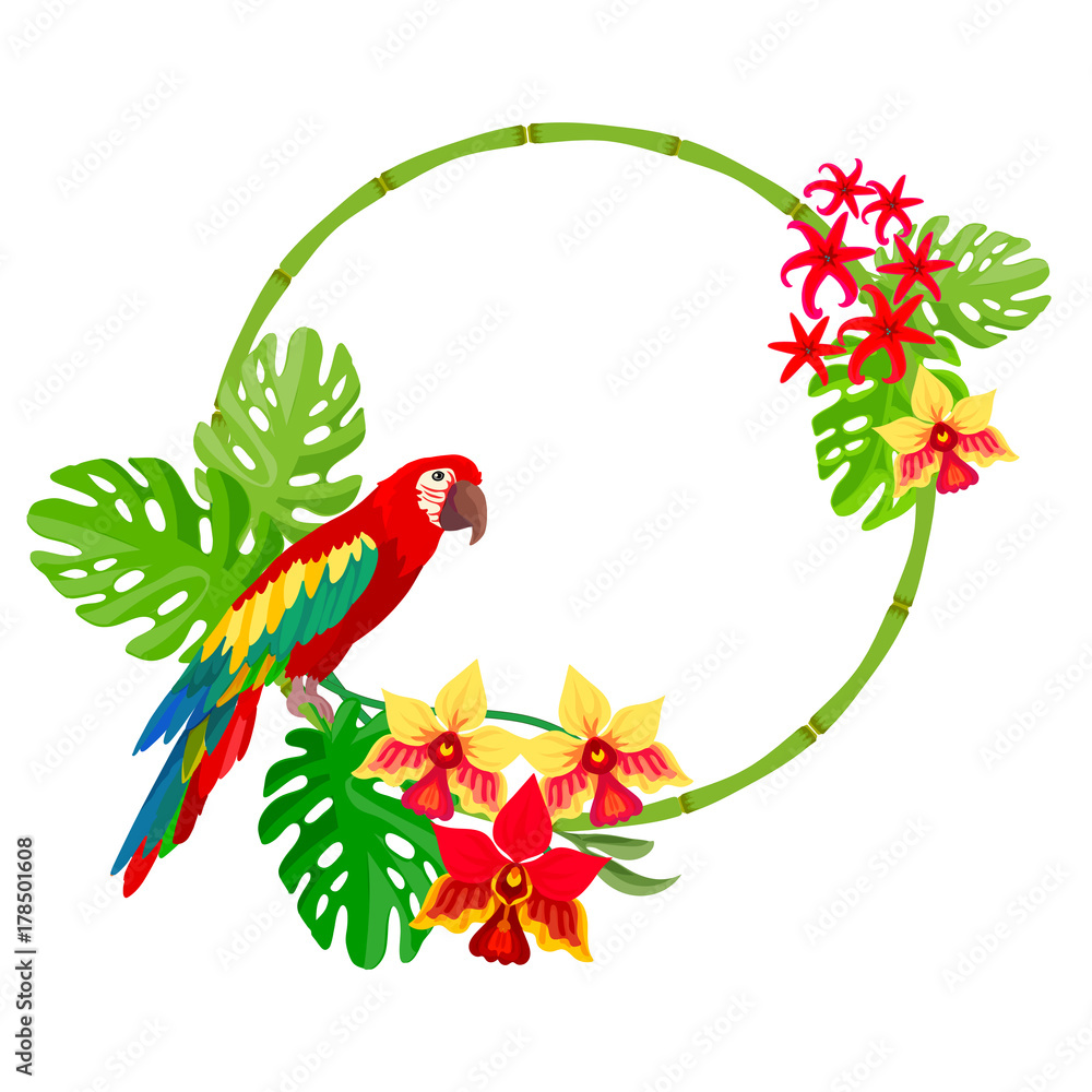 Obraz premium Ara parrot and tropical bamboo frame. Leaf and exotic plants and flowers on white background.