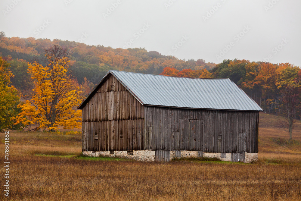 Wood barn surrounded by fall color on a misty morning. Wood barn surrounded by fall color on a misty morning.