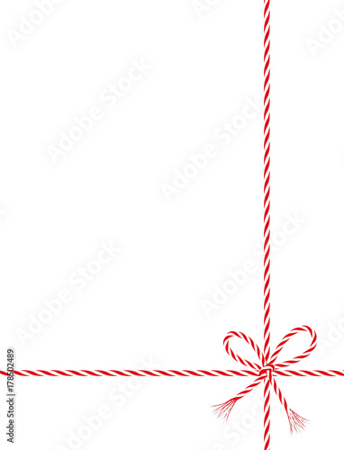 Geschenk Schleife aus rot-weiße Kordel Schnur,
Weihnachtsband rechtsbündig gebunden am Geschenk,
Vektor Illustration isoliert auf weißem Hintergrund
