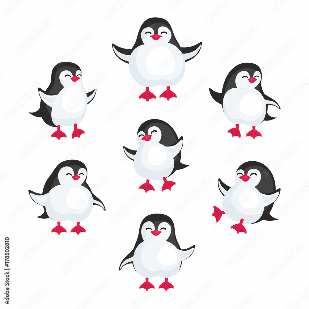 Obraz premium Fun image of penguins in cartoon style. Vector illustration set on white background