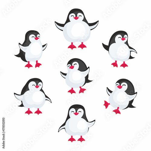 Fun image of penguins in cartoon style. Vector illustration set on white background