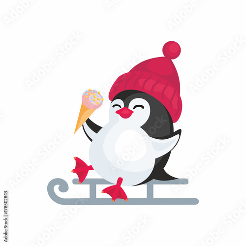 Fun image of a penguin in cartoon style. Vector illustration on white background