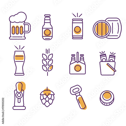 Set of Beer icon. Cap , wheat , keg , can , Bottle and Hops Vector illustration
