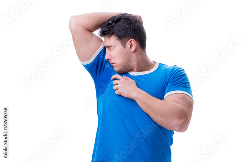 Man sweating excessively smelling bad isolated on white backgrou