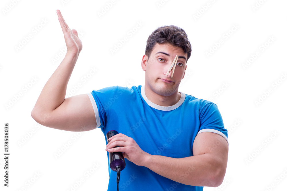 Man sweating excessively smelling bad isolated on white backgrou Man sweating excessively smelling bad isolated on white backgrou