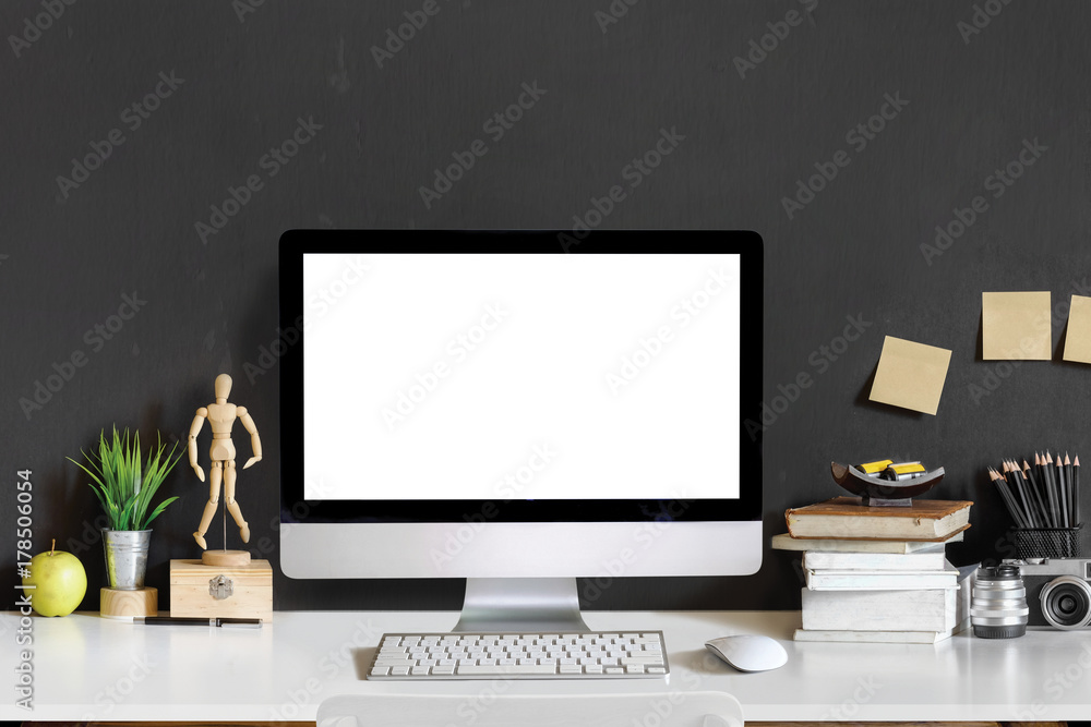 Mock up desktop on white wood table with Blank screen computer, dummy, houseplant. desk workspace with copy space for products display montage. Mock up desktop on white wood table with Blank screen computer, dummy, houseplant. desk workspace with copy space for products display montage.