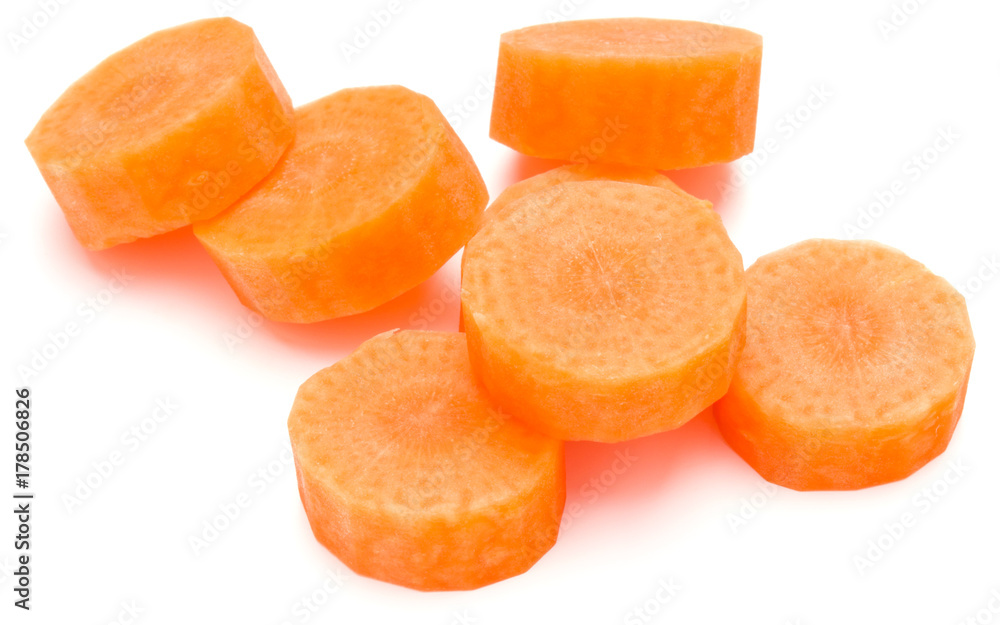 Chopped carrot slices isolated on white background cutout Chopped carrot slices isolated on white background cutout