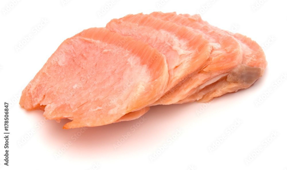 smoked salmon segments isolated on white background cutout. Prepared fish fillet fibres. smoked salmon segments isolated on white background cutout. Prepared fish fillet fibres.