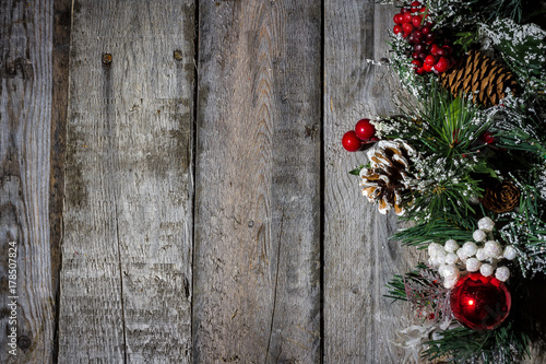 Christmas decorations on barn wood