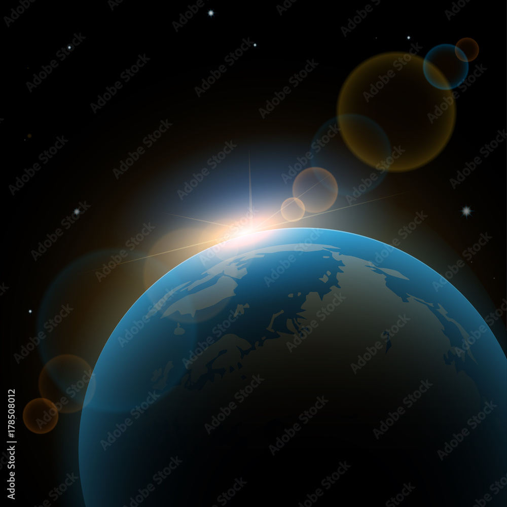 Ray sunlight in cosmos over Earth. Vector background