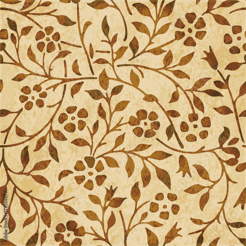 Retro brown watercolor texture grunge seamless background spiral curve vine flower leaf