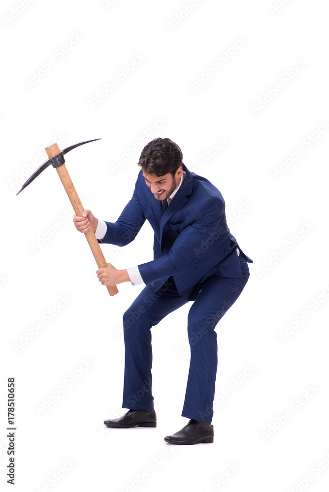Young businessman with axe isolated on white Young businessman with axe isolated on white