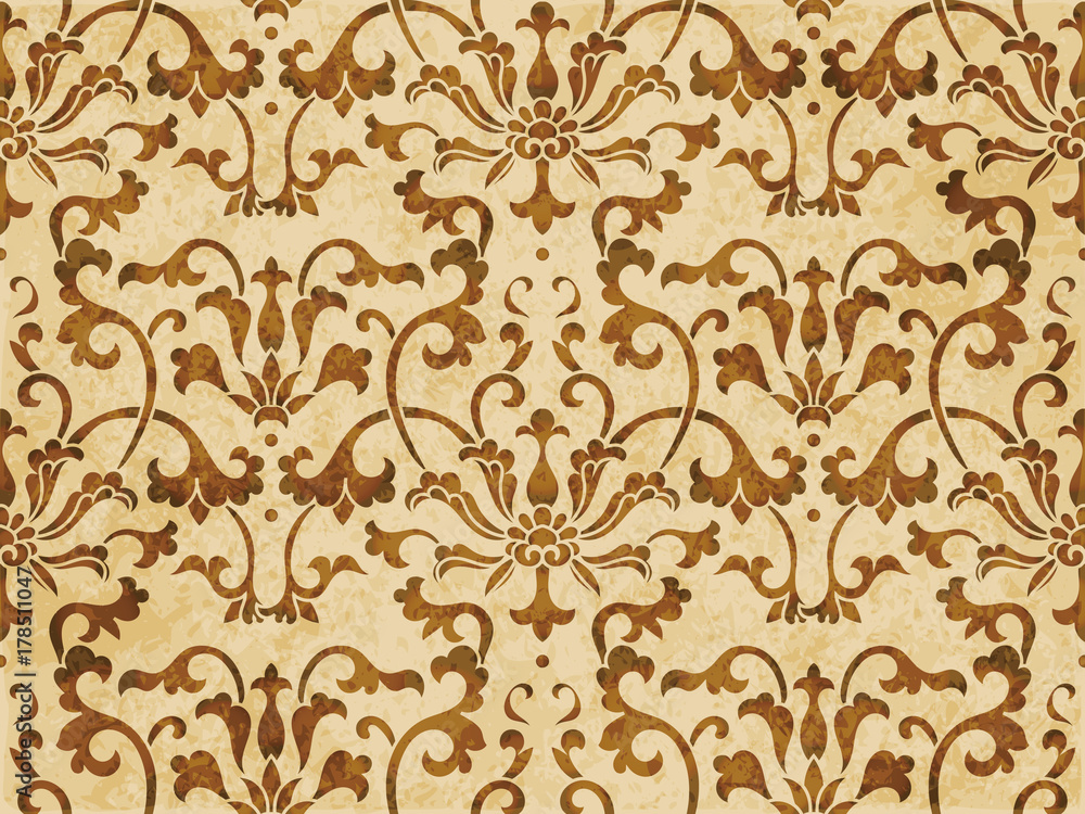 Retro brown watercolor texture grunge seamless background Chinese botanic spiral vine flower leaf Retro brown watercolor texture grunge seamless background Chinese botanic spiral vine flower leaf