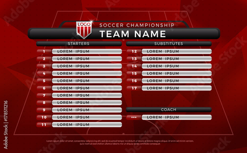 Broadcast graphic for football starting and substitutes, reserves separate text layer, football substitutes broadcast graphic for soccer starting lineup squad red color