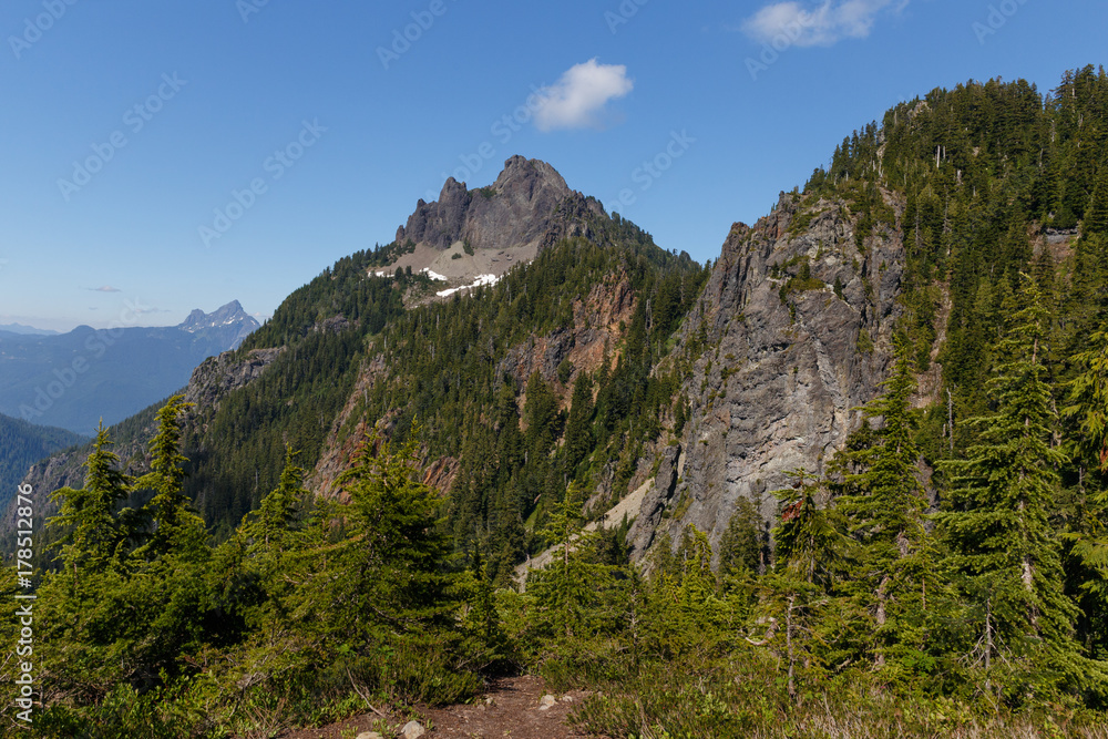 Mount Forgotten Peak and area landscape with White Chuck Mountain in the background as seen during the summer hiking season.