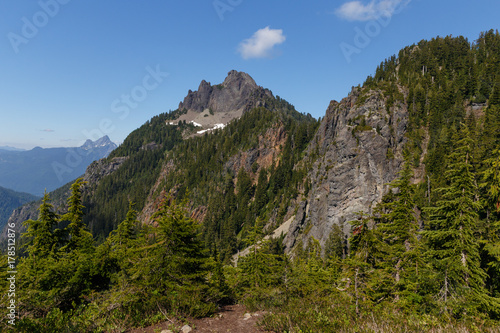 Mount Forgotten Peak and area landscape with White Chuck Mountain in the background as seen during the summer hiking season.