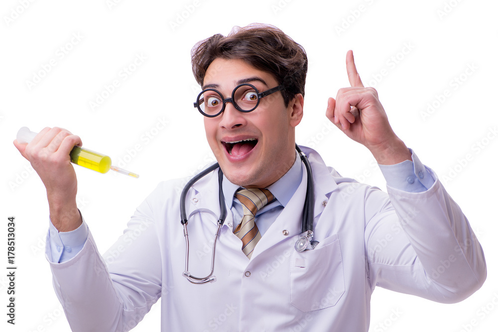 Funny doctor with syringe isolated on white Funny doctor with syringe isolated on white
