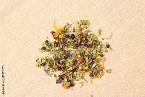 Pile of dry herb leaves and fruits