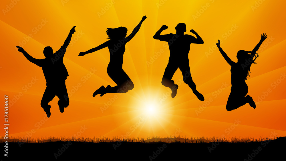 silhouette, jumping people at sunset, vector