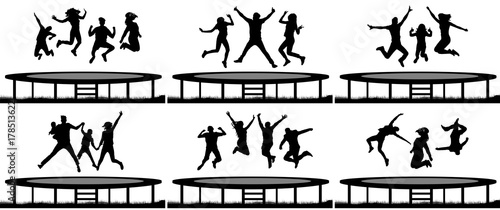 People jumping trampoline silhouette set photo