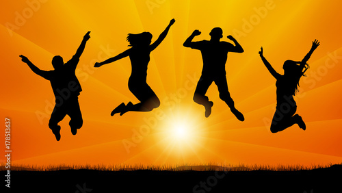 silhouette, jumping people at sunset, vector
