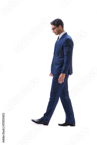 Businessman walking standing side view isolated on white backgro