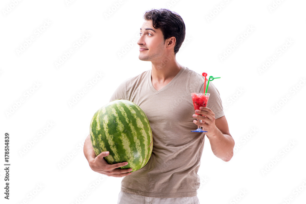Young man with watermelon isolated on white Young man with watermelon isolated on white