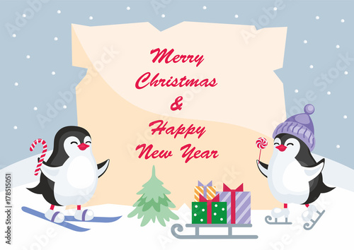 Christmas greeting card with the image of cute penguins. Children's vector background.