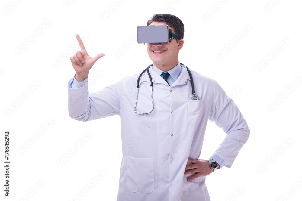 Doctor wearing a vr virtual reality headset isolated on white ba Doctor wearing a vr virtual reality headset isolated on white ba