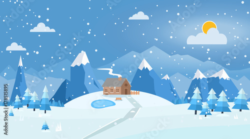 Vector illustration of winter landscape with house, pines and snowflakes