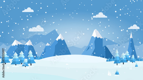 Vector illustration of night winter landscape with pines and snowflakes
