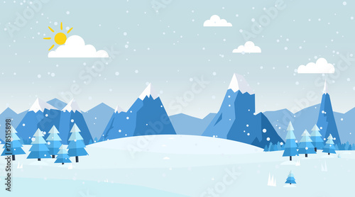 Vector illustration of winter landscape with pines and falling snowflakes