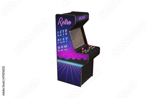 Retro arcade game machine, decorated in the style of the eighties and isolated on white background.