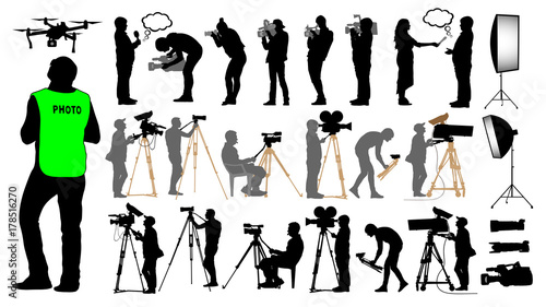 Cameraman, photographer, man and drone, set camera operator on a tripod, photo video equipment, silhouette