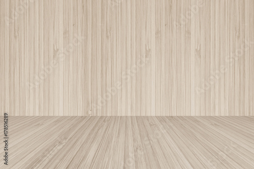 Wood floor perspective view on wooden texture wall in light sepia brown color background for sauna room interior design decoration backdrop