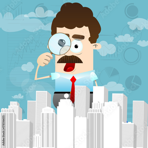 Businessman looking for investment opportunity with a magnifying glass. Vector cartoon character illustration. Business concept.